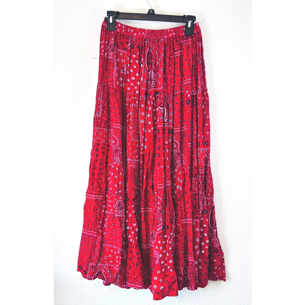 Red Bandana Print Western Cowgirl Boho Maxi Skirt Paisley Tiered Rayon USA SZ 6